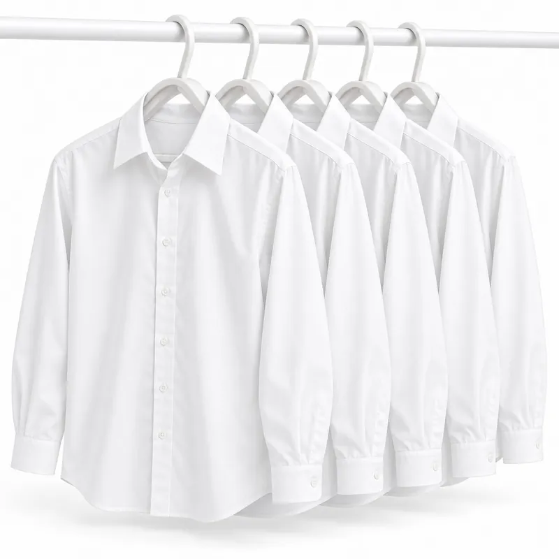 White shirts hanging on wide curved hangers in a wardrobe